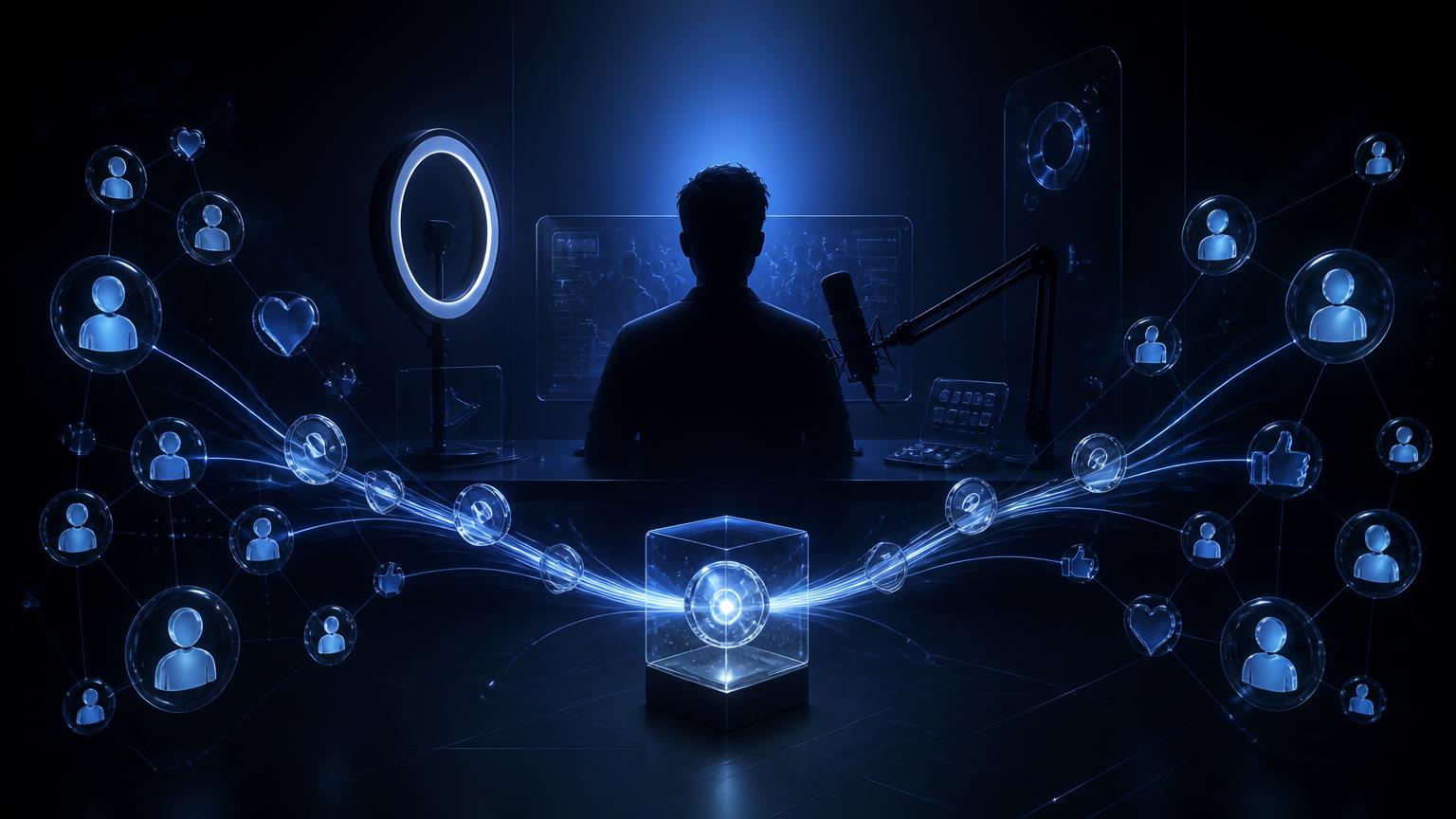 Creador de contenido en un estudio de streaming conectado a una red luminosa de seguidores y métricas de conversión