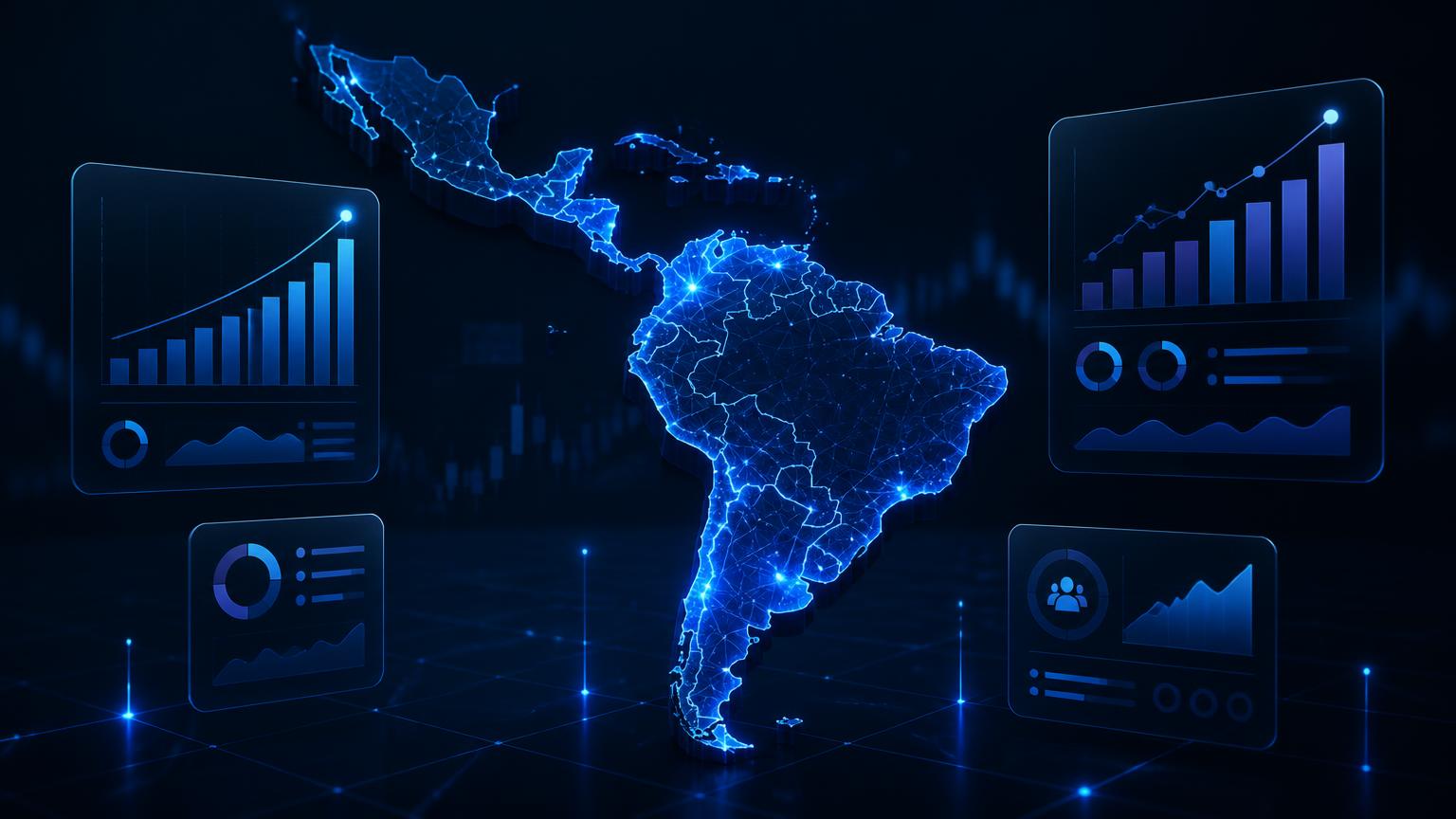 Mapa digital de Latinoamérica con paneles de datos de afiliación iGaming y crecimiento de tráfico de casino online
