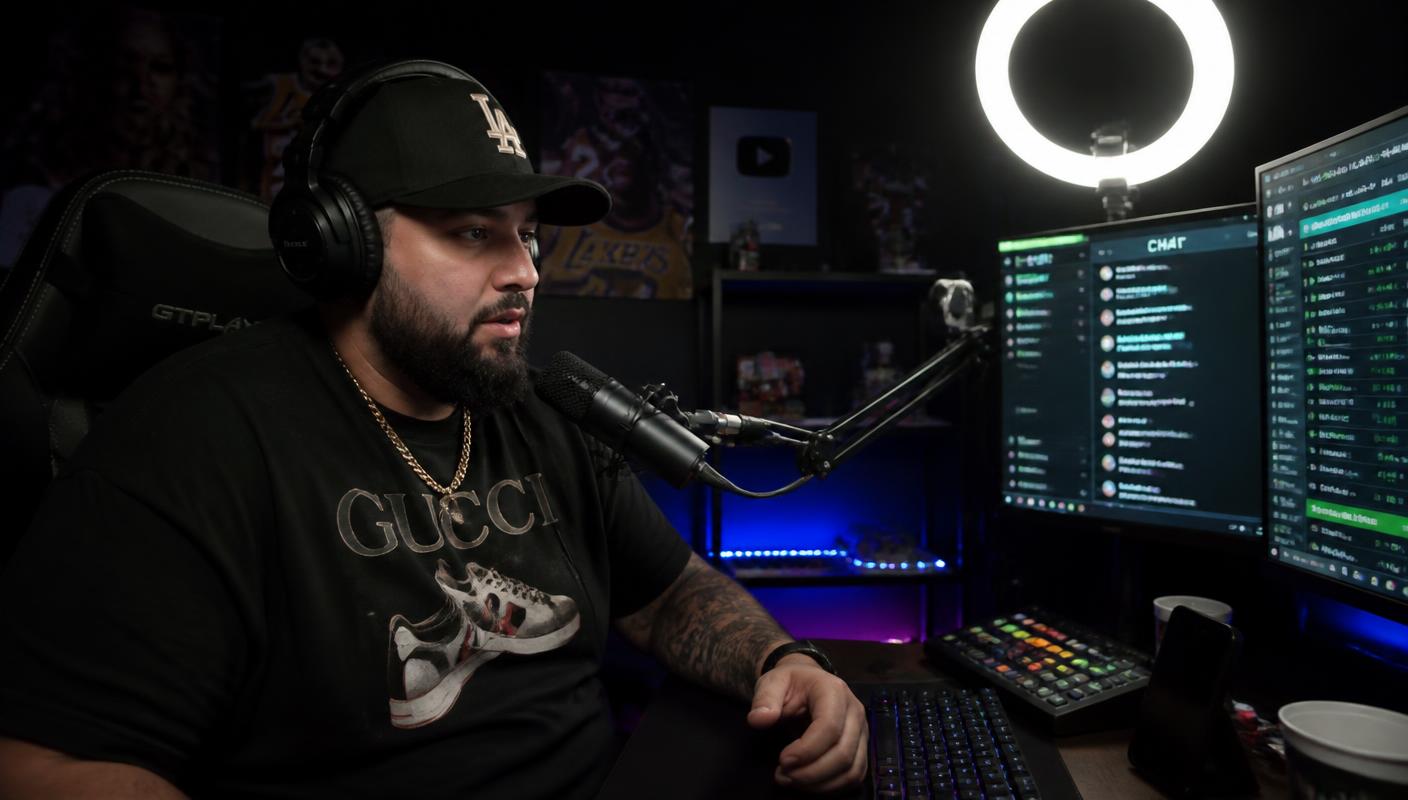 Creador de contenido emitiendo en directo desde su estudio con cuotas deportivas en pantalla